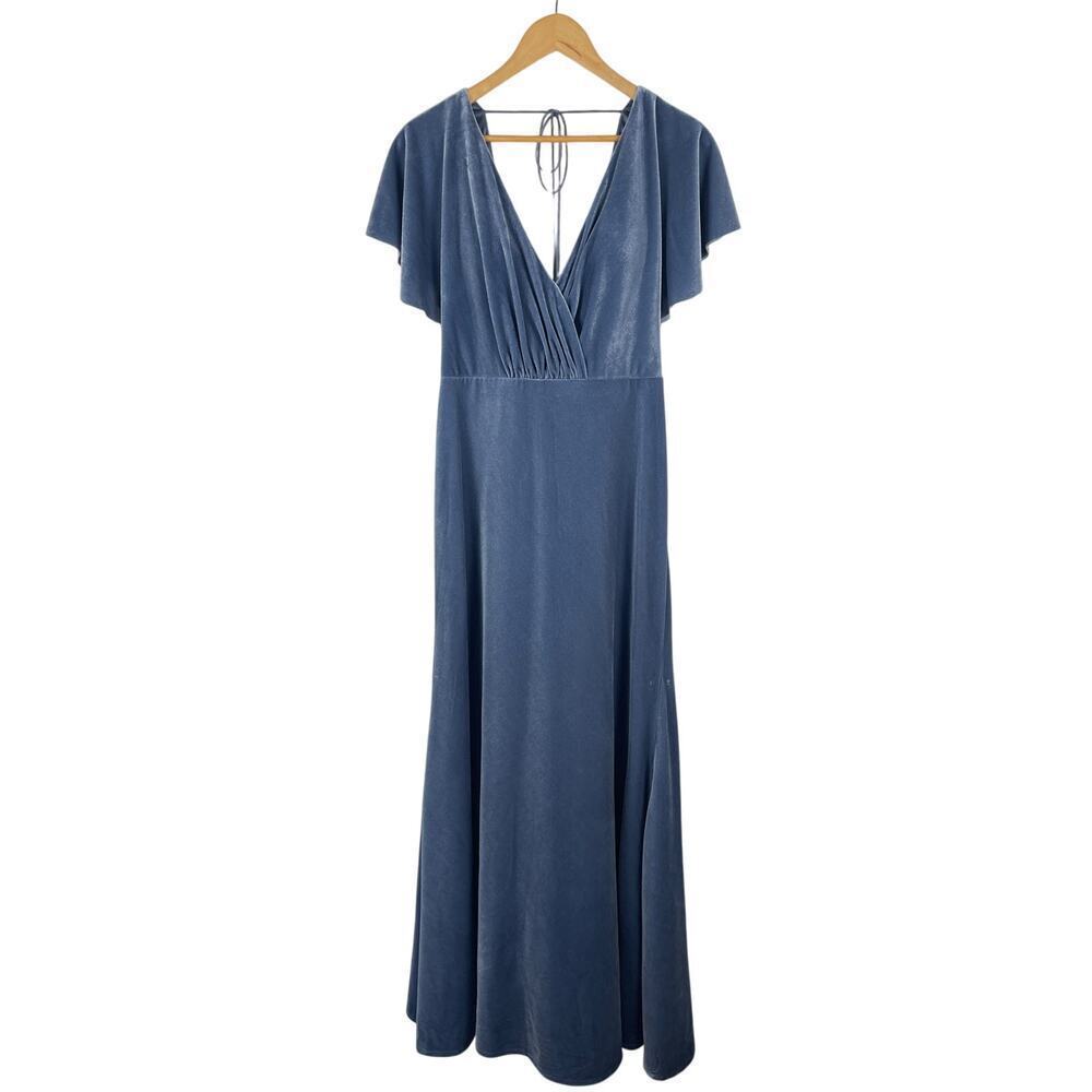 Anthro Jenny Yoo Ellis Light Blue Flutter Sleeve Open Back Velvet Dress Gown 10